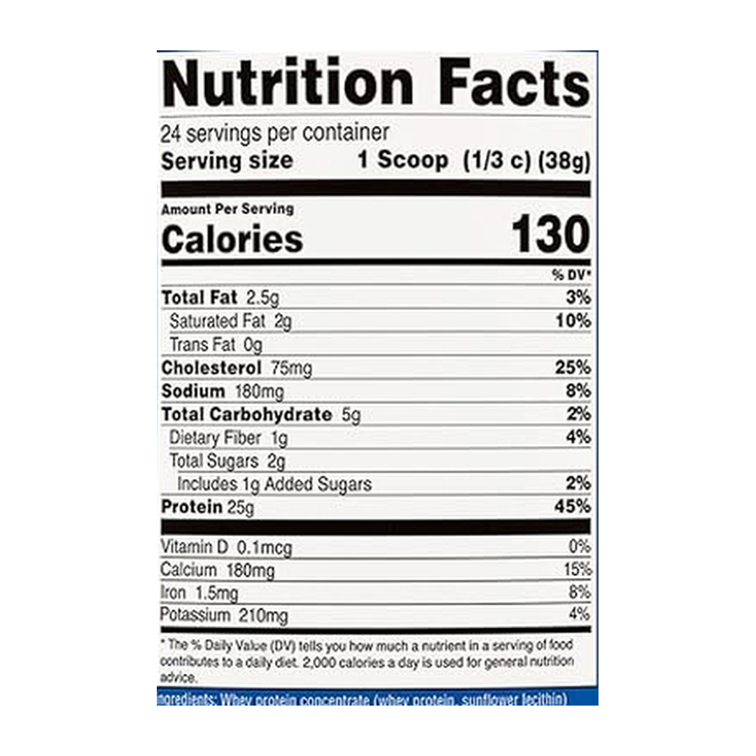 Nutricost, Whey Protein Concentrate, Shaq's Double Double Chocolate, 2 lb supplement facts label showing ingredients, vitamins, minerals, and serving information