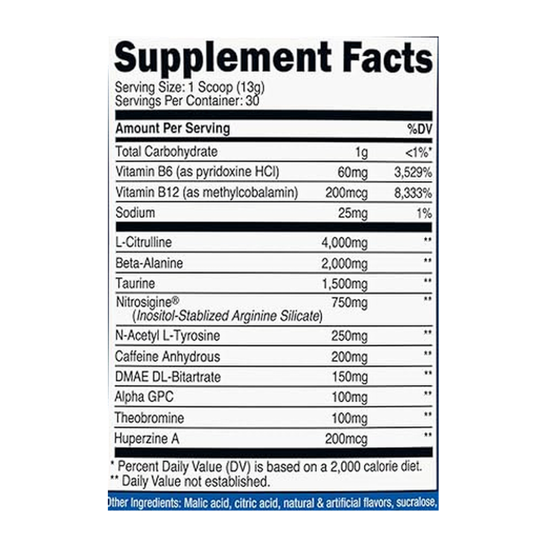 Nutricost, Pre-Workout Complex, Strawberry Kiwi, 13.7 oz, 384g supplement facts label showing ingredients, vitamins, minerals, and serving information