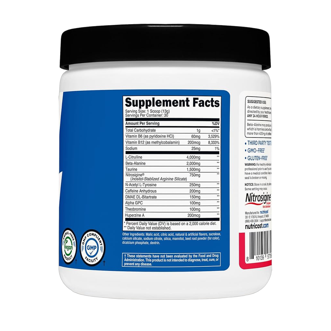 Nutricost, Pre-Workout Complex, Strawberry Kiwi, 13.7 oz, 384g packaging side view