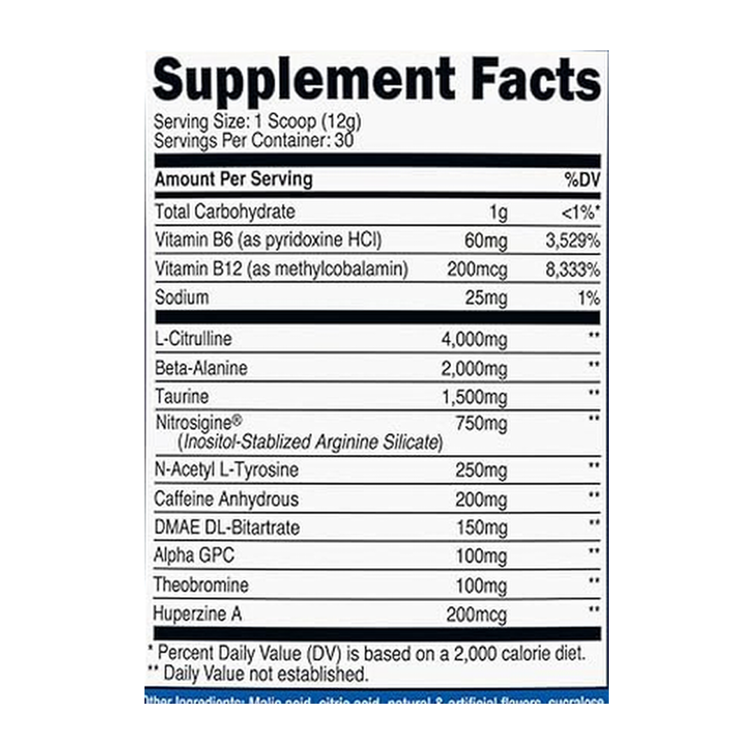 Nutricost, Pre-Workout Complex, Cotton Candy, 12.5 oz, 351 g supplement facts label showing ingredients, vitamins, minerals, and serving information