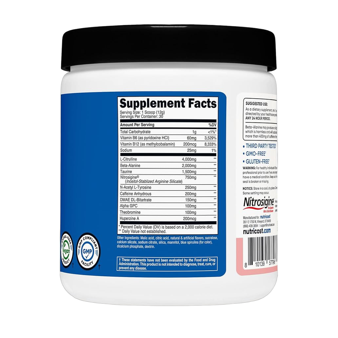 Nutricost, Pre-Workout Complex, Cotton Candy, 12.5 oz, 351 g back packaging view