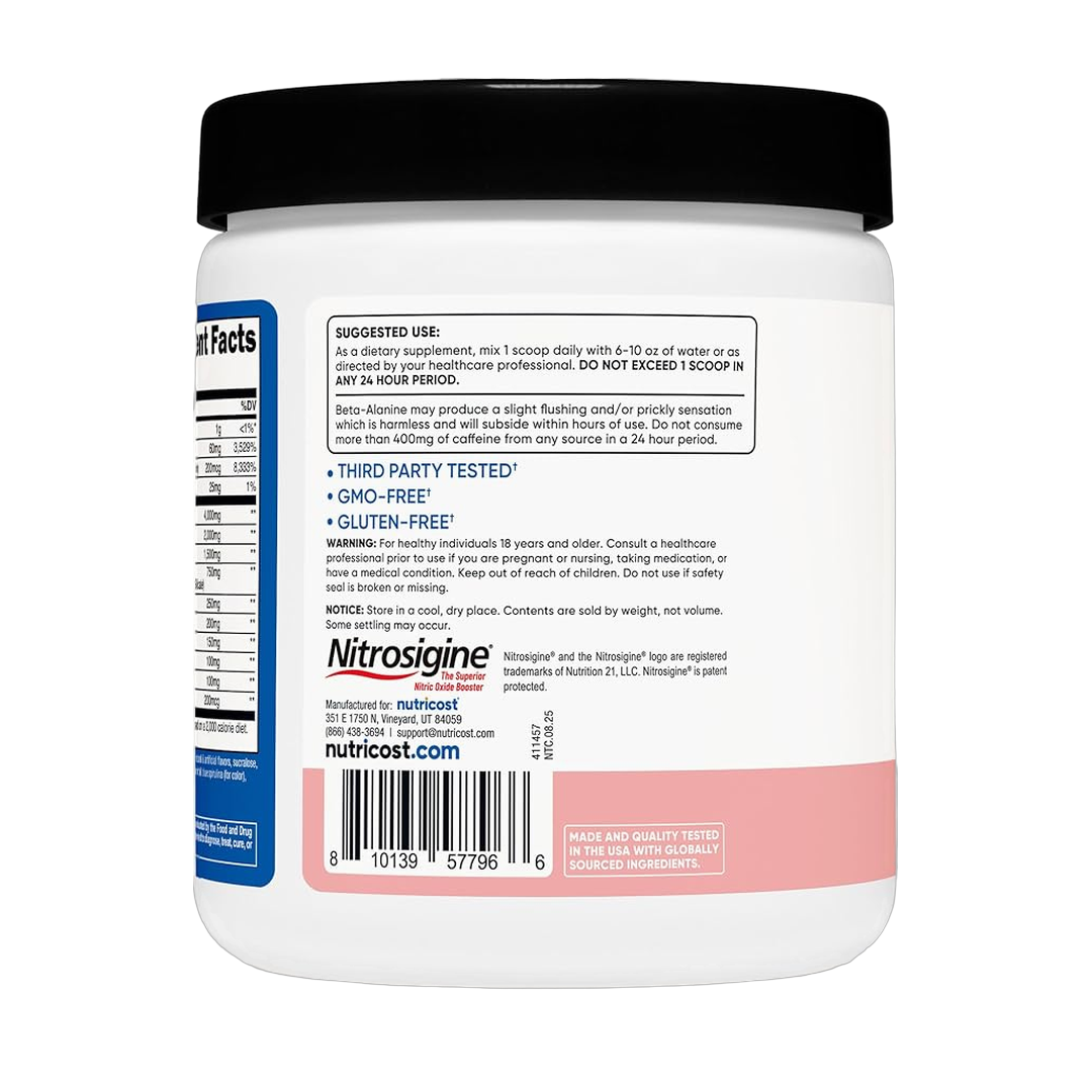 Nutricost, Pre-Workout Complex, Cotton Candy, 12.5 oz, 351 g packaging side view