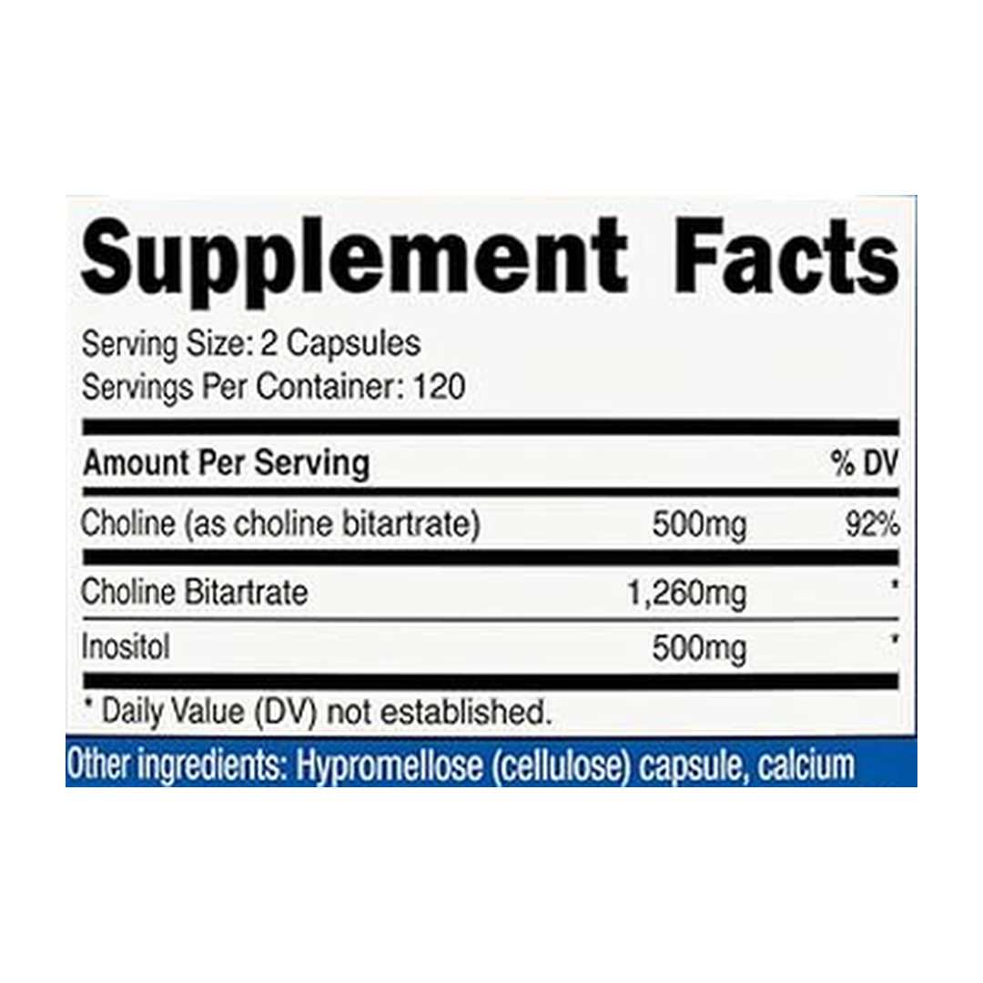 Nutricost, Choline & Inositol, 1,000 mg, 240 Capsules supplement facts label showing ingredients, vitamins, minerals, and serving information