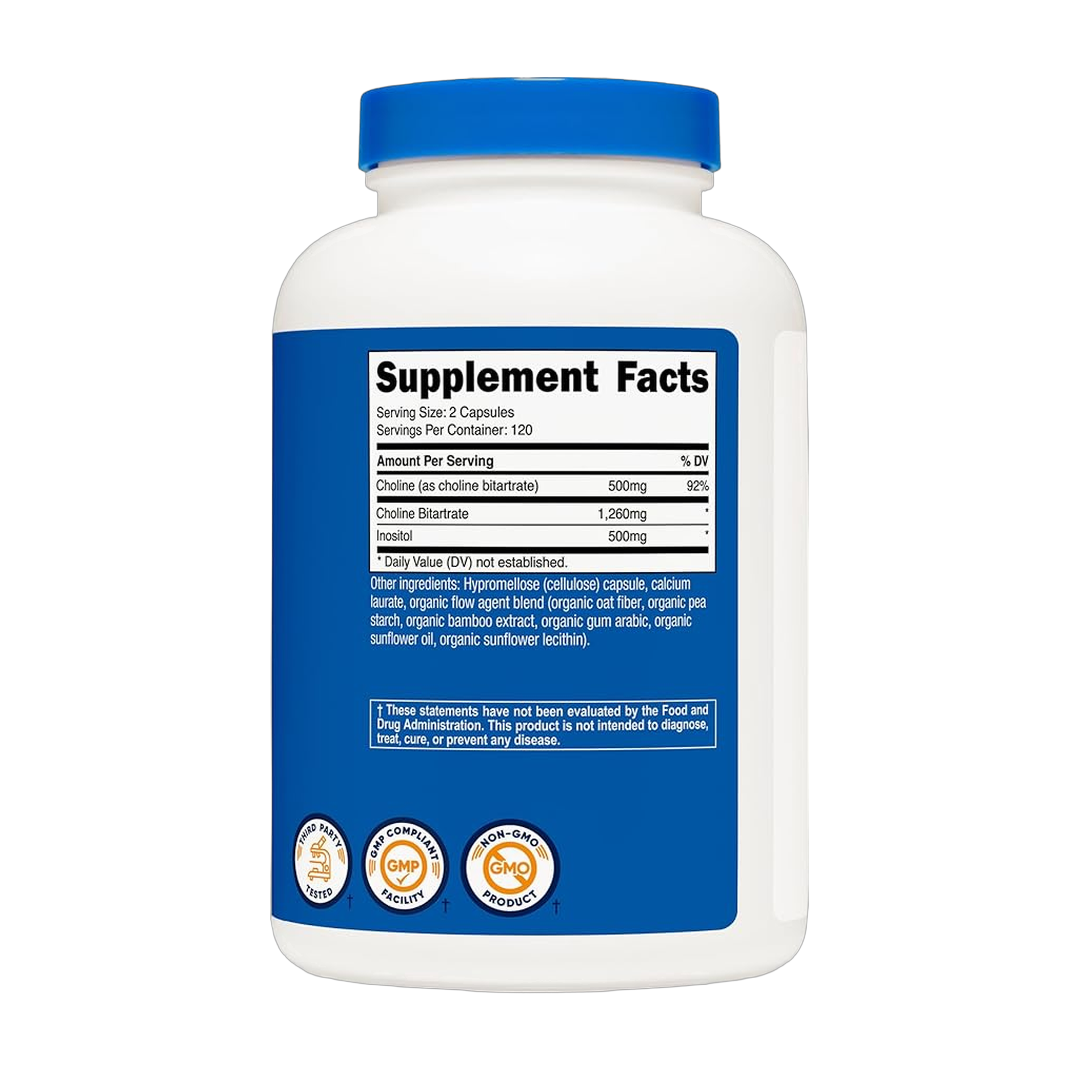 Nutricost, Choline & Inositol, 1,000 mg, 240 Capsules back packaging view