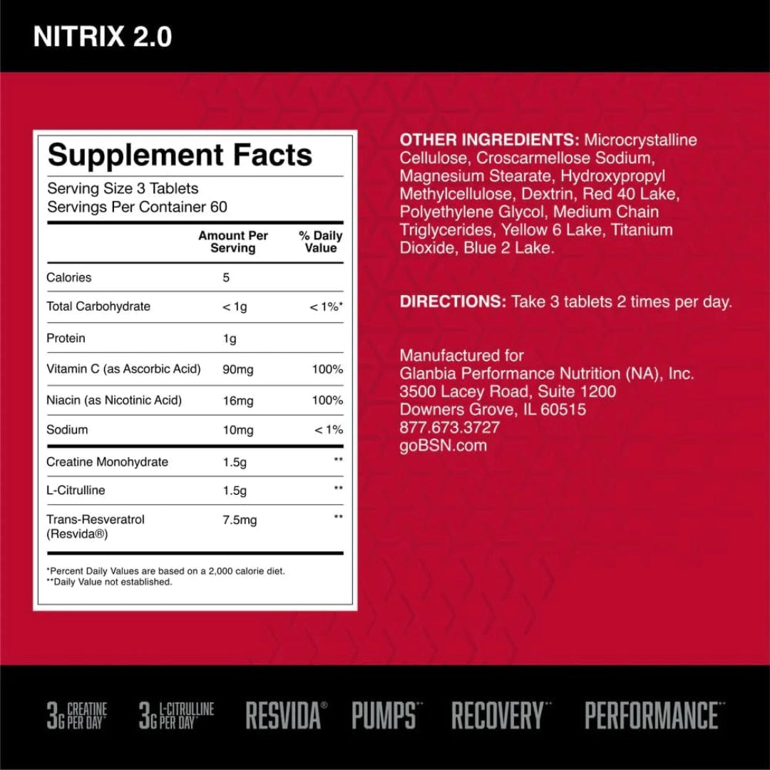 BSN, Nitrix® 2.0, Concentrated Nitric Oxide Precursor, 180 Tablets