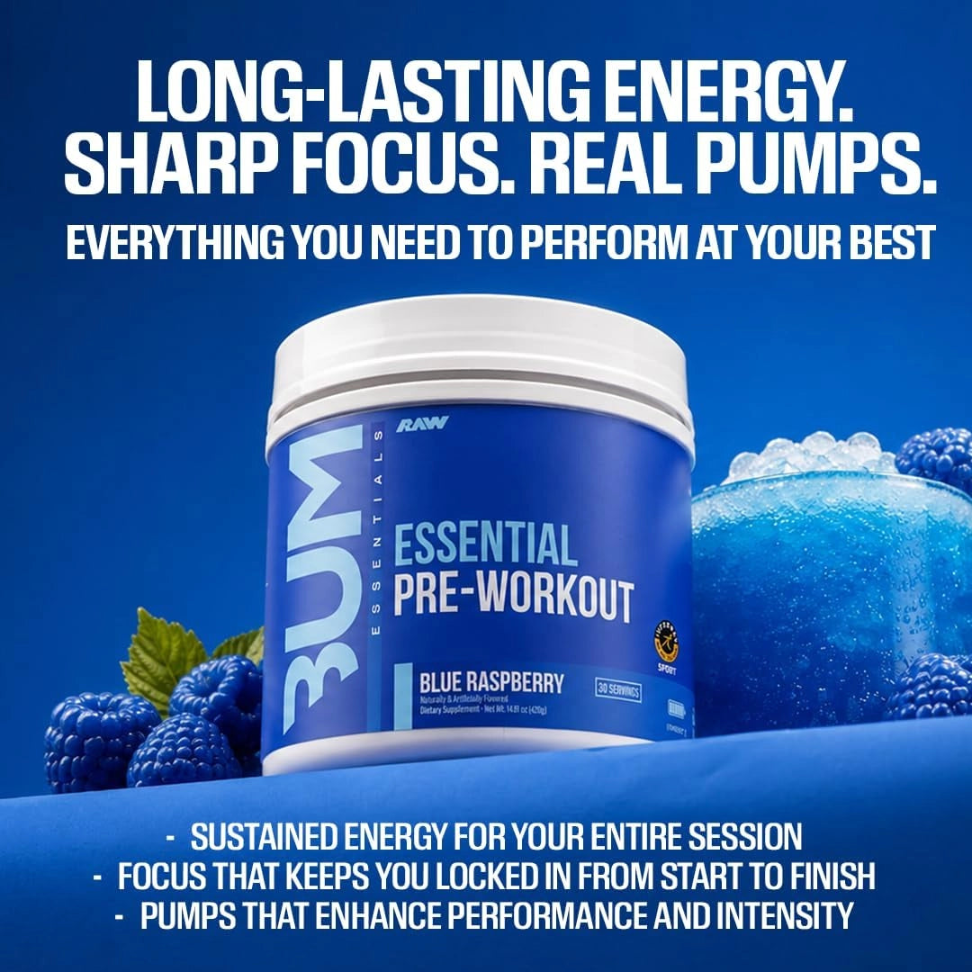 Raw Nutrition, Bum Essentials, Essential Pre-Workout, Blue Raspberry, 14.81 oz (420 g)