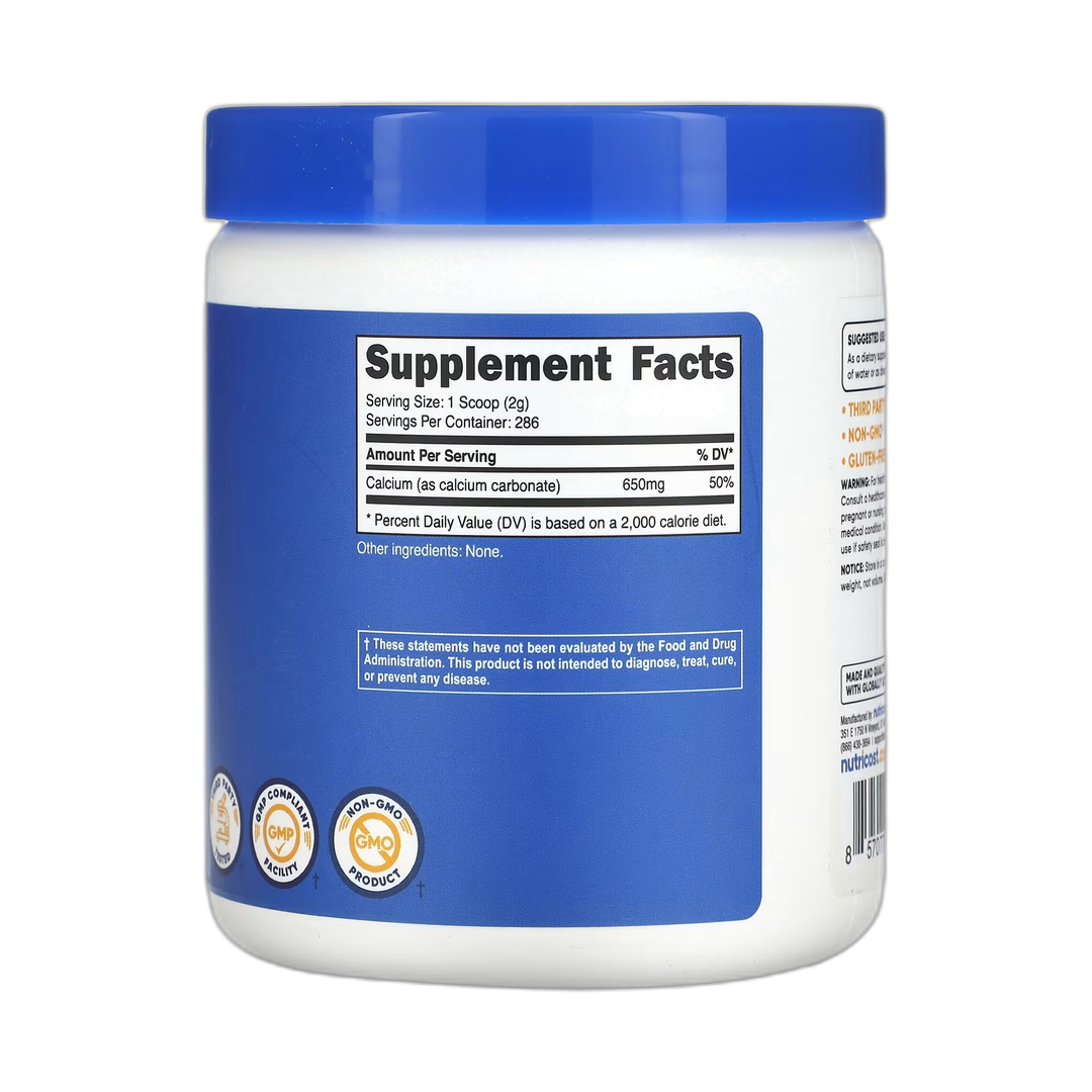 Nutricost, Calcium Carbonate, Unflavored, 1.1 lb, 500 g back packaging view