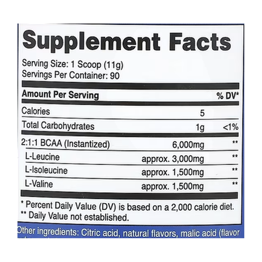 Nutricost, Performance, BCAA, Raspberry Lemonade, 2.2 lb, 990 g supplement facts label showing ingredients, vitamins, minerals, and serving information
