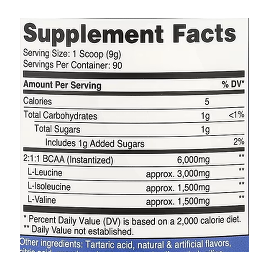 Nutricost, Performance, BCAA, Watermelon, 1.8 lb, 810 g supplement facts label showing ingredients, vitamins, minerals, and serving information