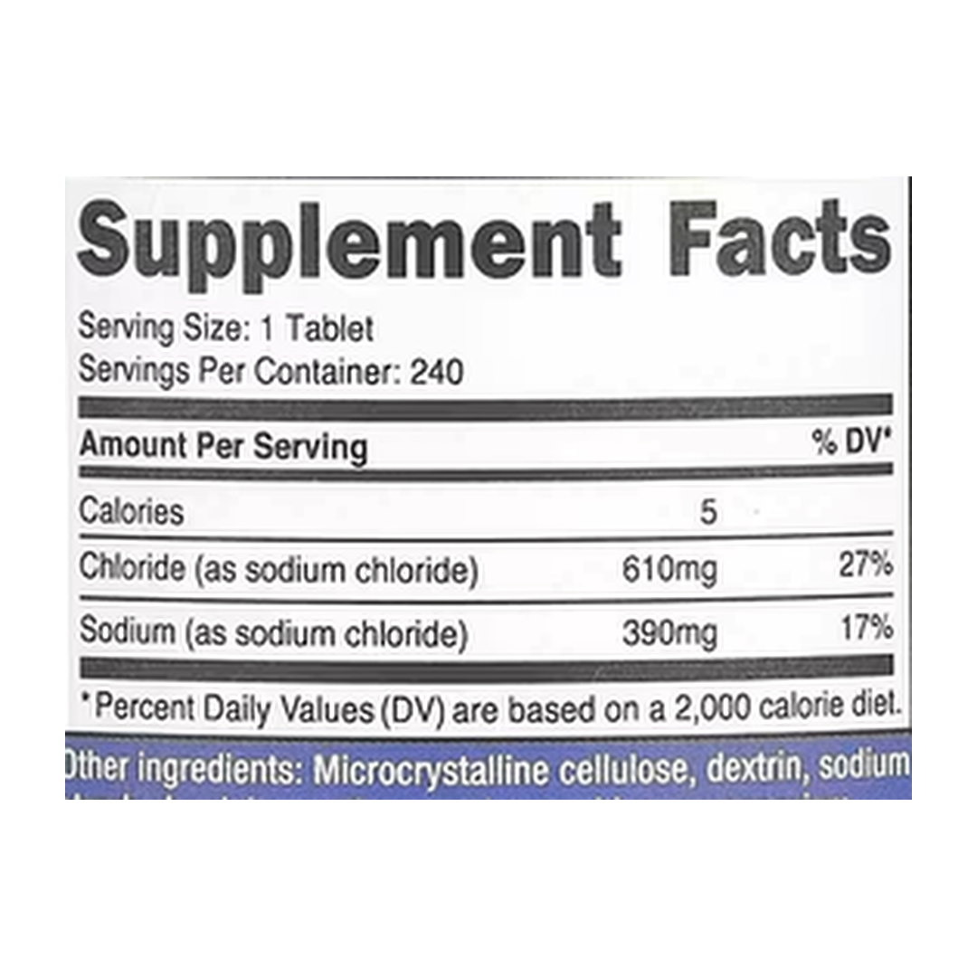 Nutricost, Sodium Chloride, 1,000 mg, 240 Tablets supplement facts label showing ingredients, vitamins, minerals, and serving information