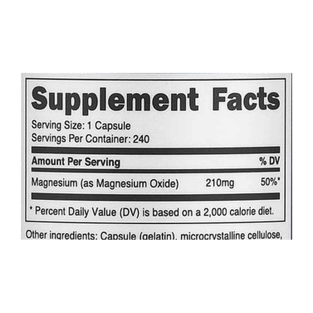 Nutricost, Magnesium Oxide, 375 mg, 240 Capsules supplement facts label showing ingredients, vitamins, minerals, and serving information