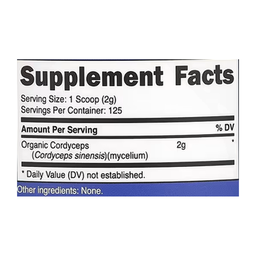 Nutricost, Organic Cordyceps Mushroom, Unflavored, 8.8 oz, 250 g supplement facts label showing ingredients, vitamins, minerals, and serving information