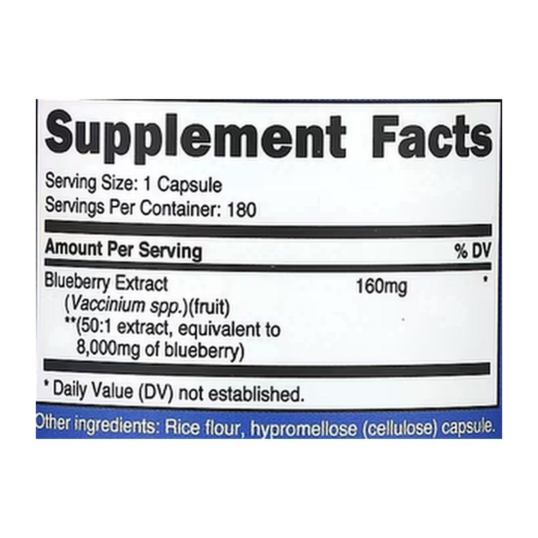 Nutricost, Blueberry Extract, 160 mg, 180 Capsules supplement facts label showing ingredients, vitamins, minerals, and serving information