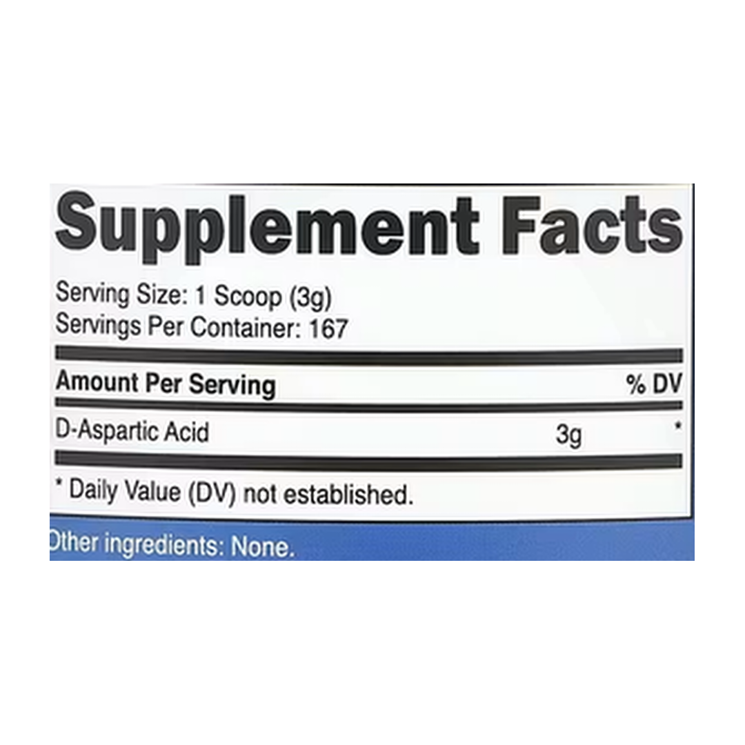 Nutricost, D-Aspartic Acid, Unflavored, 17.6 oz, 500 g supplement facts label showing ingredients, vitamins, minerals, and serving information