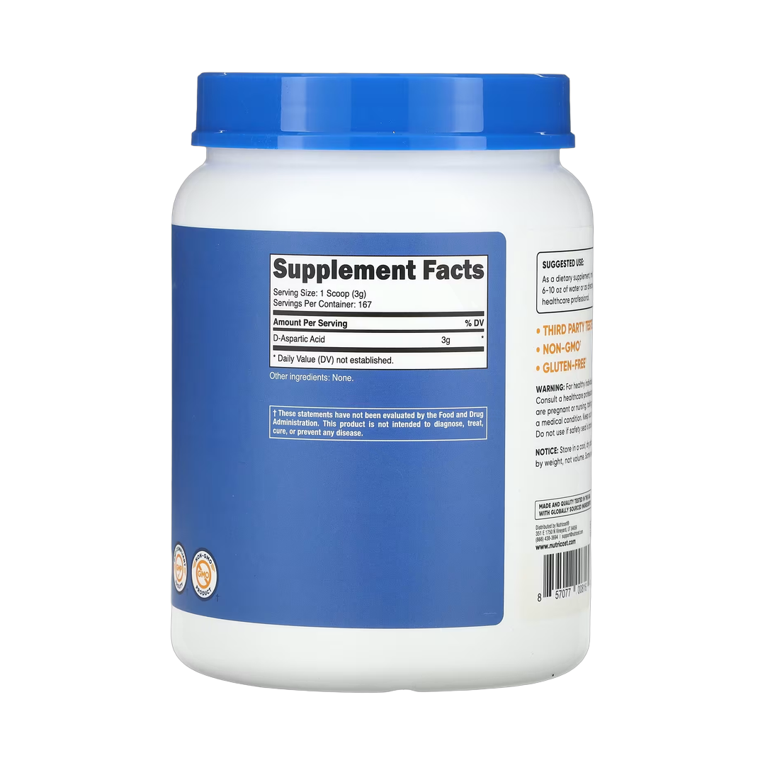 Nutricost, D-Aspartic Acid, Unflavored, 17.6 oz, 500 g back packaging view