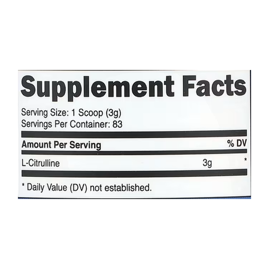 Nutricost, L-Citrulline, Unflavored, 8.8 oz, 250 g supplement facts label showing ingredients, vitamins, minerals, and serving information