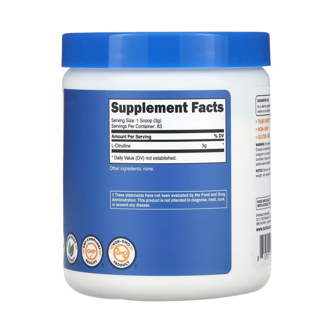 Nutricost, L-Citrulline, Unflavored, 8.8 oz, 250 g back packaging view