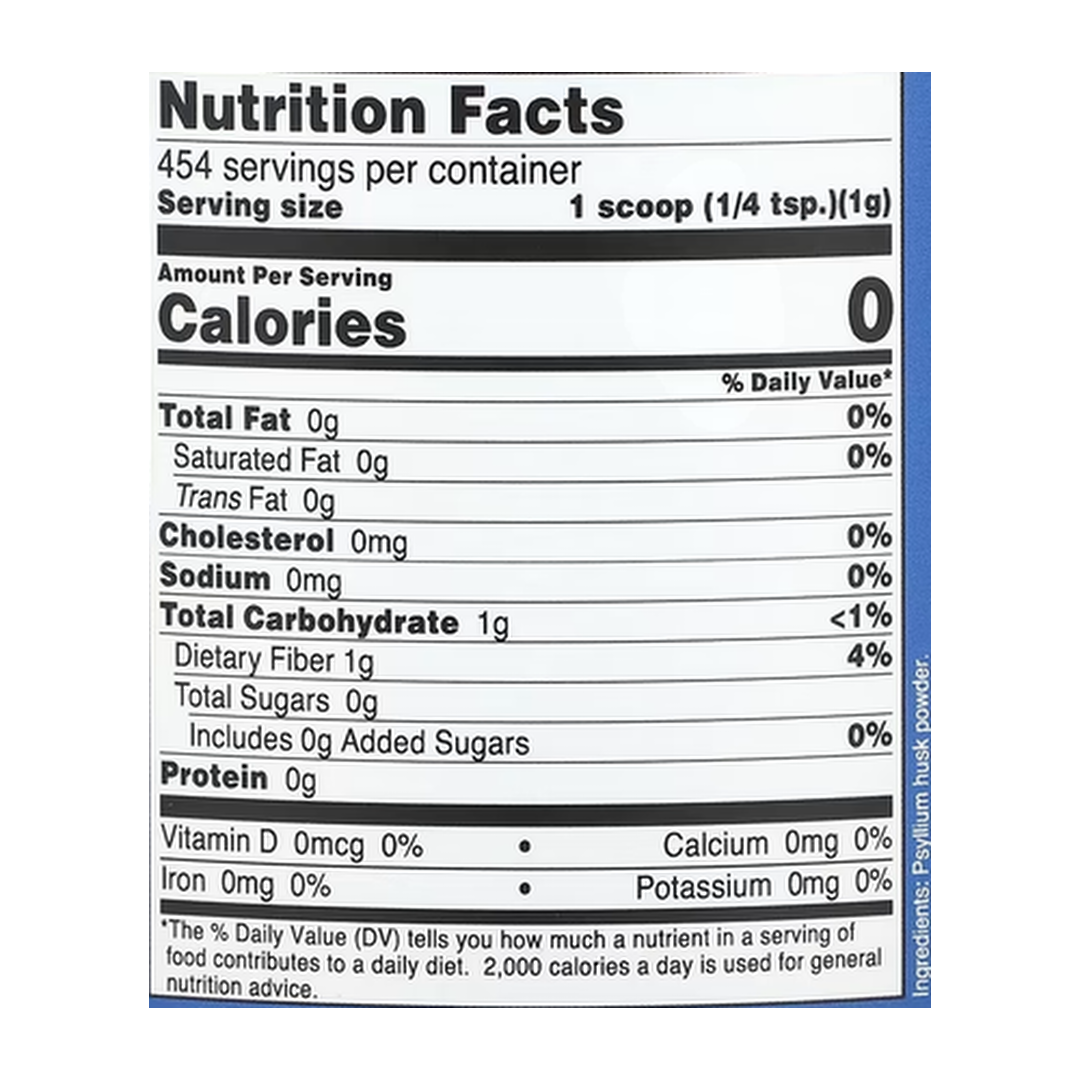 Nutricost, Psyllium Husk, Unflavored, 16.2 oz, 454 g supplement facts label showing ingredients, vitamins, minerals, and serving information