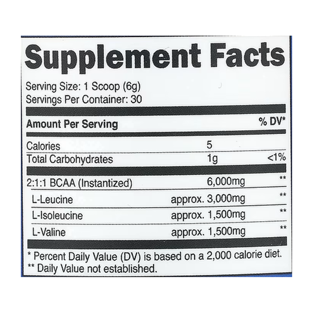 Nutricost, Performance, BCAA, Unflavored, 6.3 oz, 180 g supplement facts label showing ingredients, vitamins, minerals, and serving information
