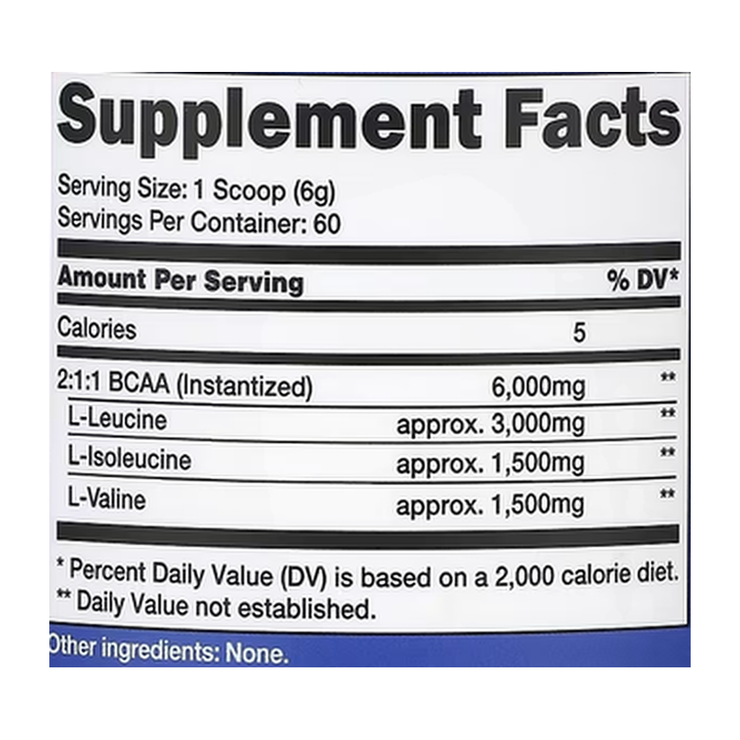 Nutricost, Performance, BCAA, Unflavored, 12.9 oz, 360 g supplement facts label showing ingredients, vitamins, minerals, and serving information