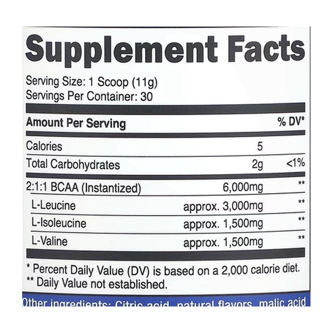 Nutricost, Performance, BCAA, Raspberry Lemonade, 11.8 oz, 330 g supplement facts label showing ingredients, vitamins, minerals, and serving information