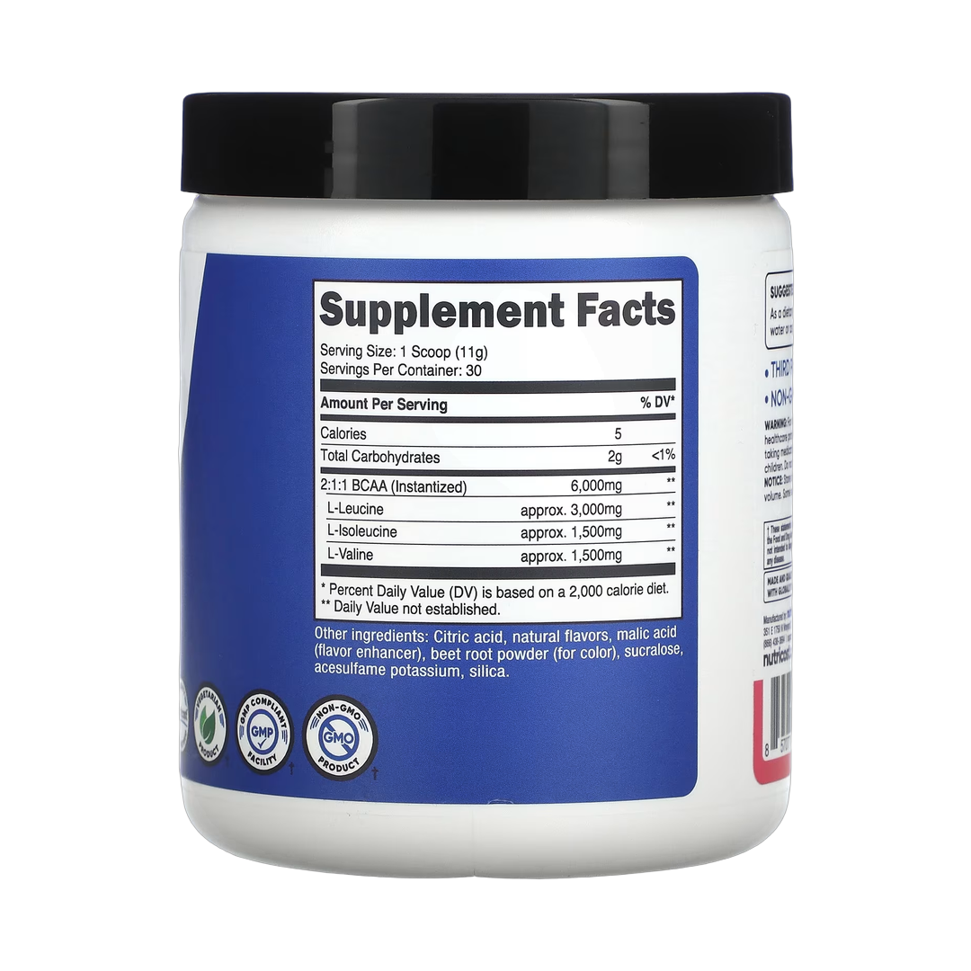 Nutricost, Performance, BCAA, Raspberry Lemonade, 11.8 oz, 330 g back packaging view