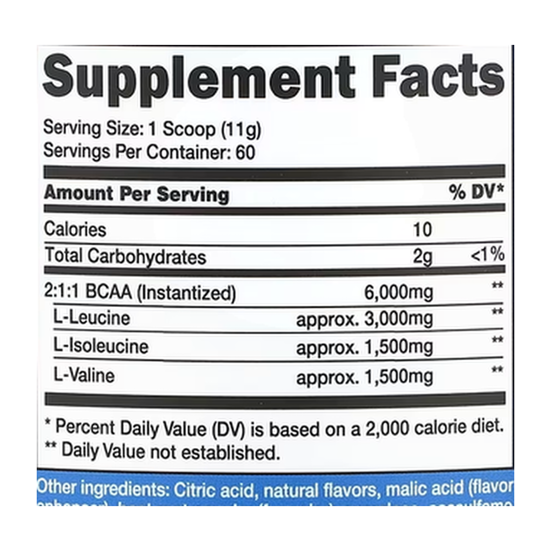 Nutricost, Performance, BCAA, Raspberry Lemonade, 1.5 lb, 660 g supplement facts label showing ingredients, vitamins, minerals, and serving information