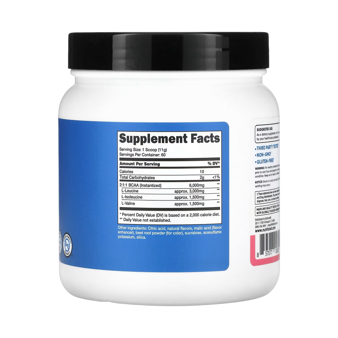 Nutricost, Performance, BCAA, Raspberry Lemonade, 1.5 lb, 660 g back packaging view