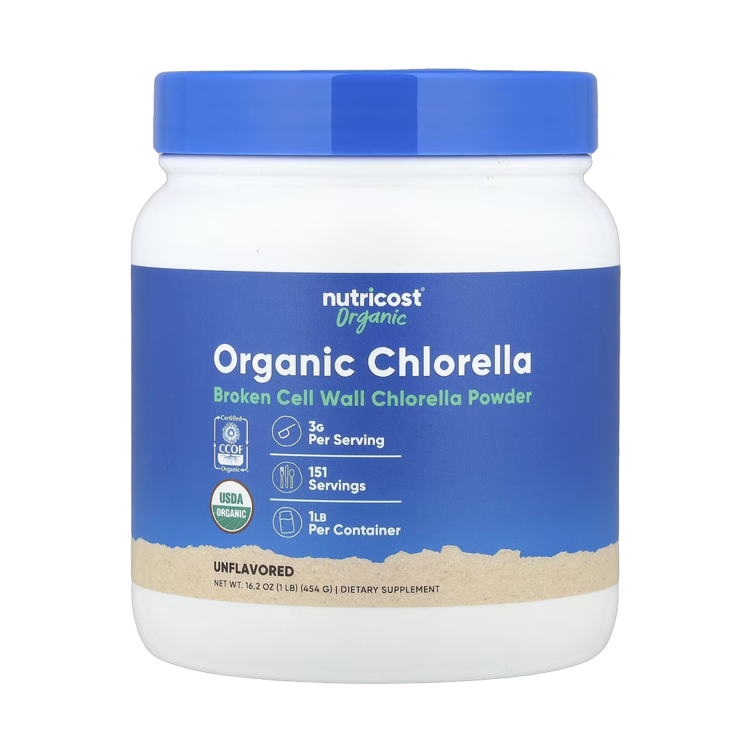 Nutricost, Organic Chlorella Powder, Unflavored , 16.2 oz, 454 g front packaging view
