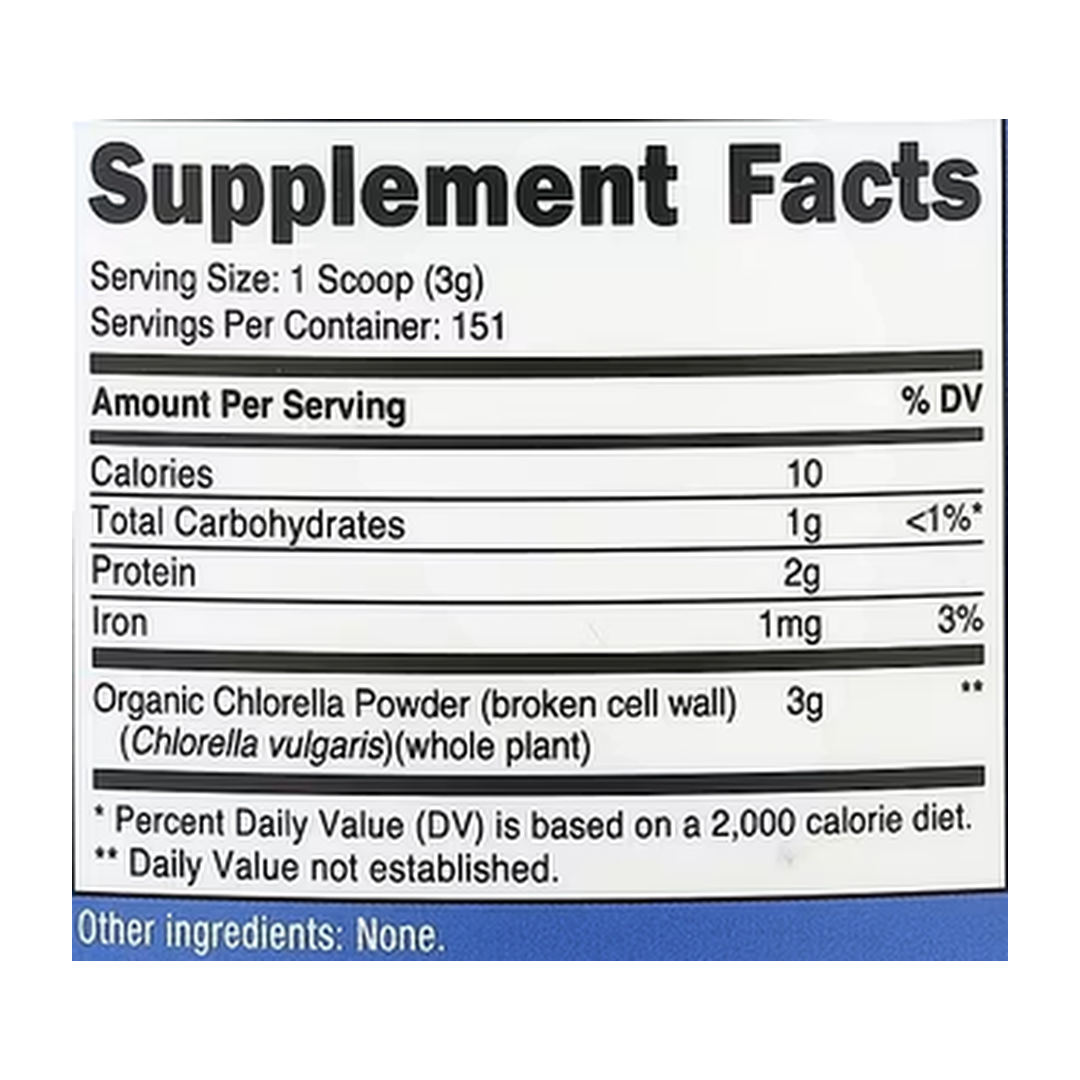 Nutricost, Organic Chlorella Powder, Unflavored , 16.2 oz, 454 g supplement facts label showing ingredients, vitamins, minerals, and serving information
