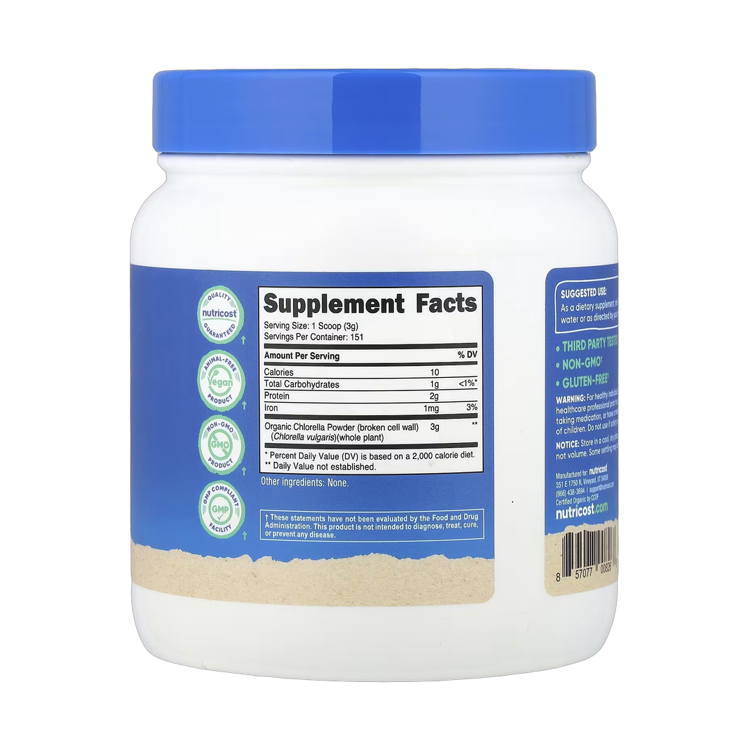 Nutricost, Organic Chlorella Powder, Unflavored , 16.2 oz, 454 g back packaging view