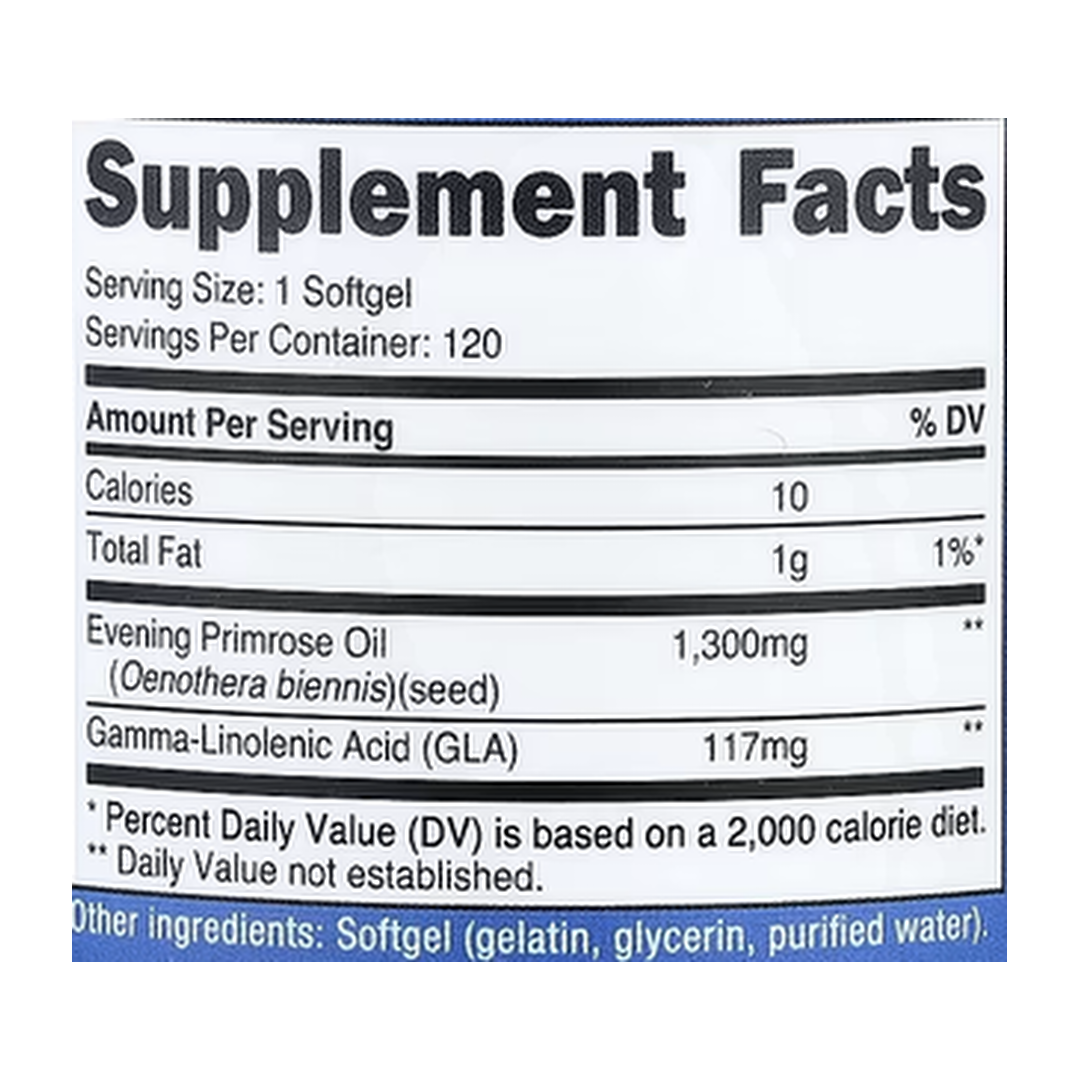 Nutricost, Evening Primrose Oil, 1,300 mg, 120 Softgels supplement facts label showing ingredients, vitamins, minerals, and serving information