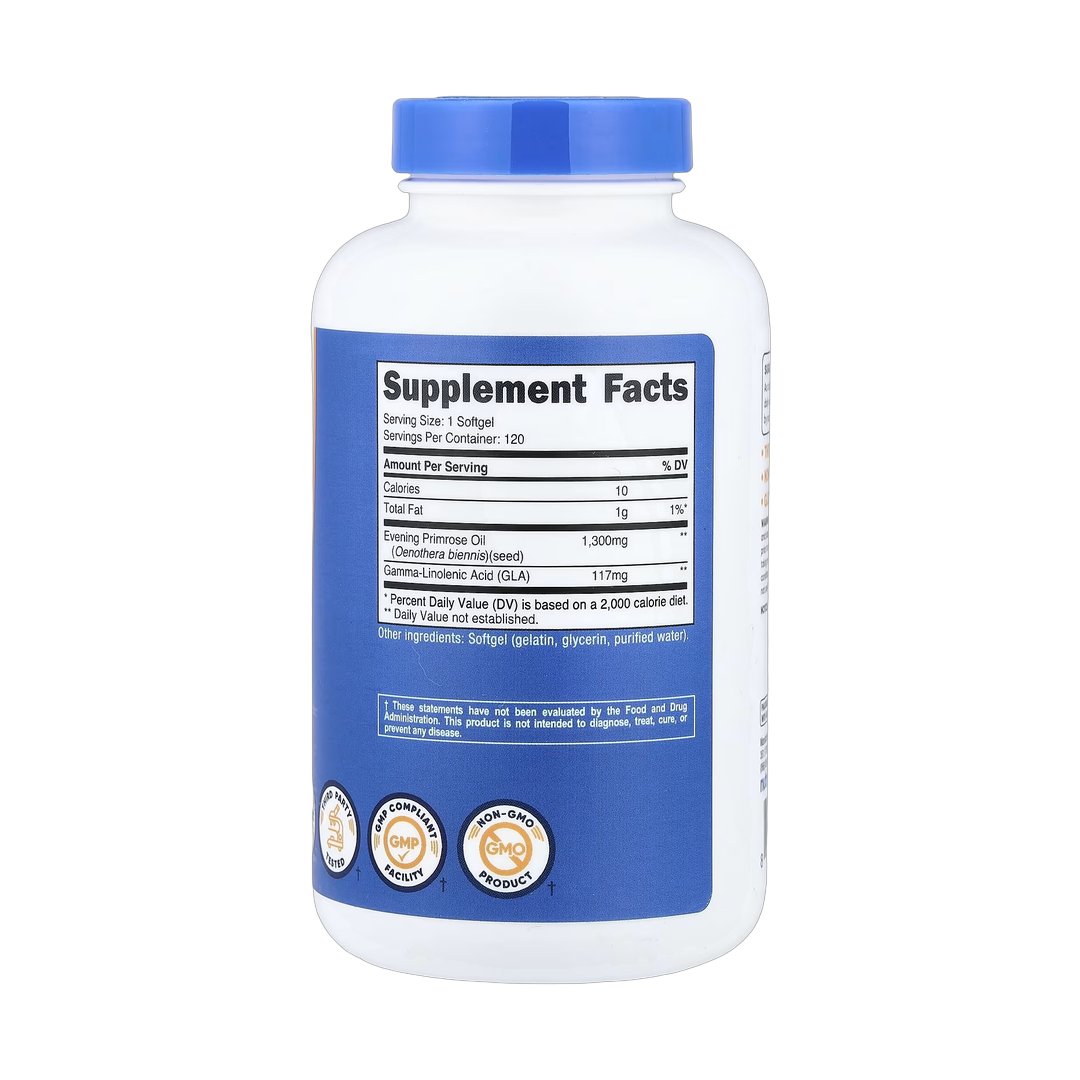 Nutricost, Evening Primrose Oil, 1,300 mg, 120 Softgels back packaging view
