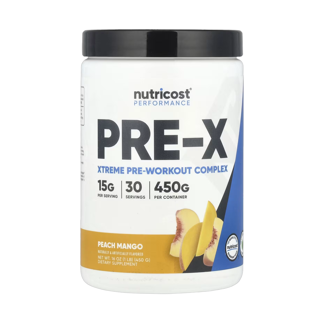 Nutricost, Performance, Pre-X, Xtreme Pre-Workout Complex, Peach Mango, 1 lb, 450 g front packaging view