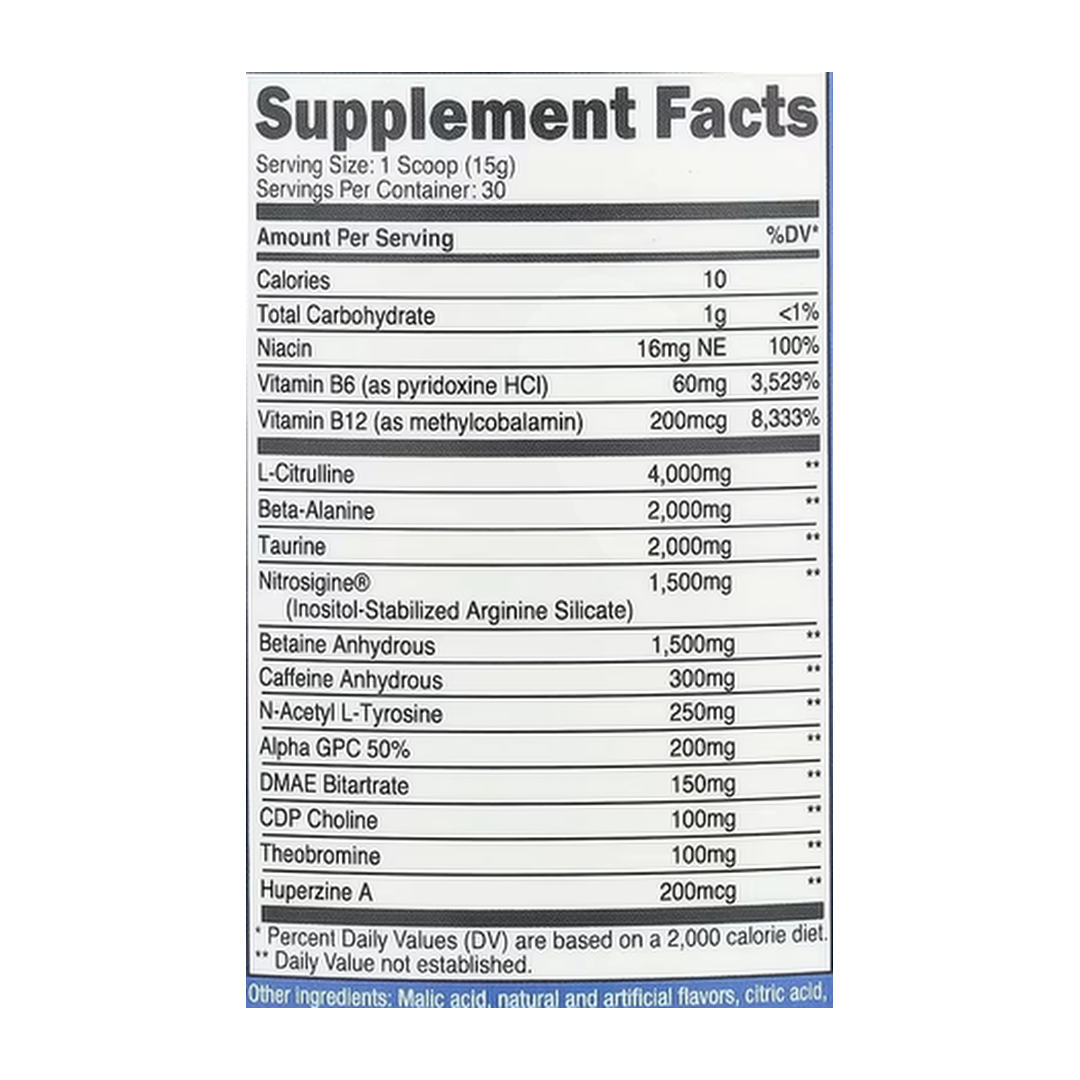 Nutricost, Performance, Pre-X, Xtreme Pre-Workout Complex, Peach Mango, 1 lb, 450 g supplement facts label showing ingredients, vitamins, minerals, and serving information