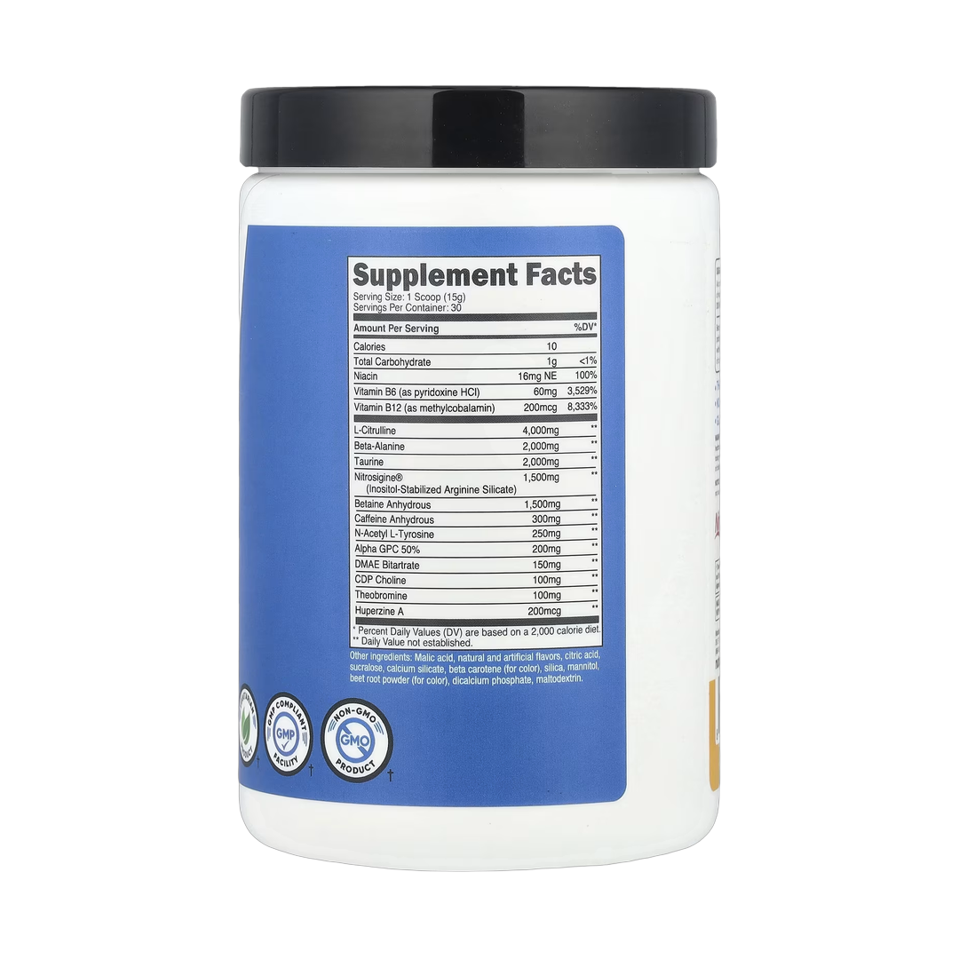 Nutricost, Performance, Pre-X, Xtreme Pre-Workout Complex, Peach Mango, 1 lb, 450 g back packaging view