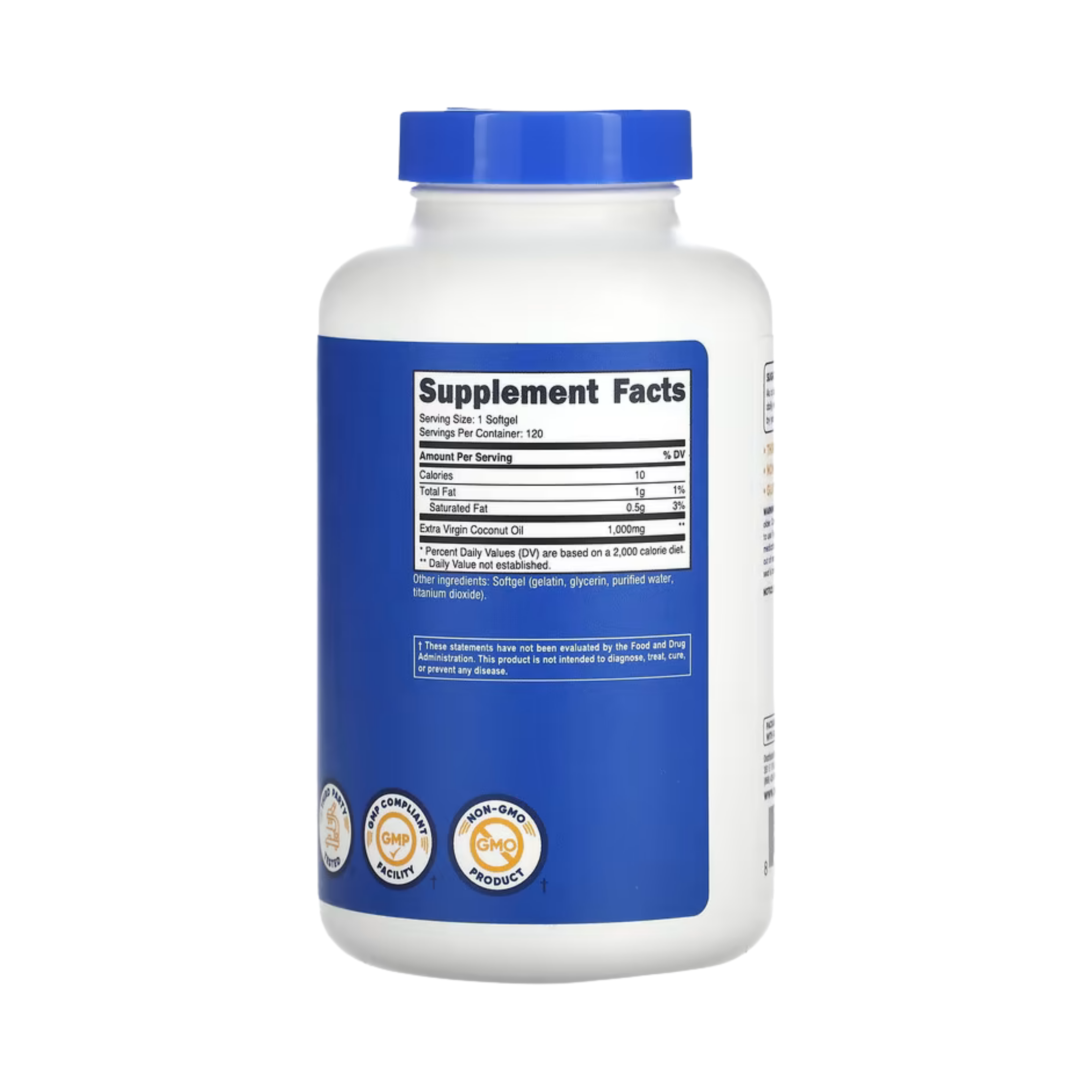 Nutricost, Coconut Oil, 1,000 mg , 120 Softgels back packaging view