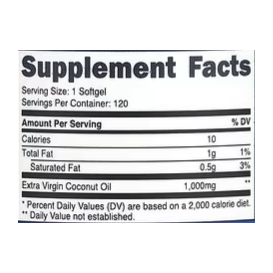 Nutricost, Coconut Oil, 1,000 mg , 120 Softgels supplement facts label showing ingredients, vitamins, minerals, and serving information