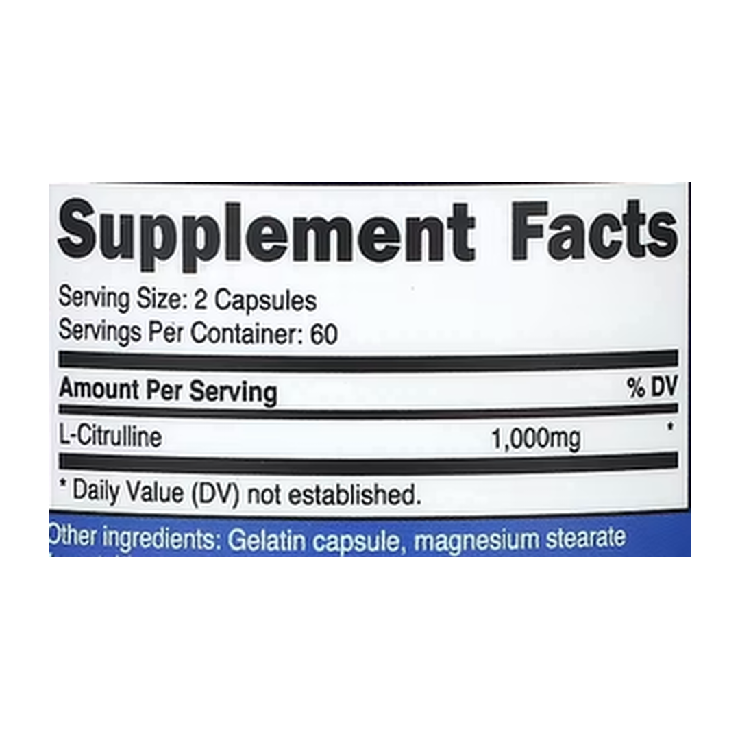 Nutricost, L-Citrulline, 120 Capsules supplement facts label showing ingredients, vitamins, minerals, and serving information