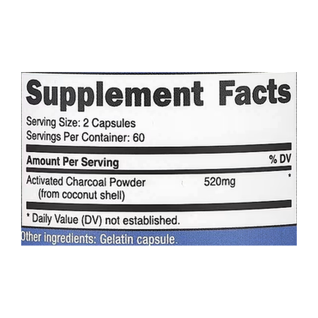 Nutricost, Activated Charcoal, 120 Capsules supplement facts label showing ingredients, vitamins, minerals, and serving information