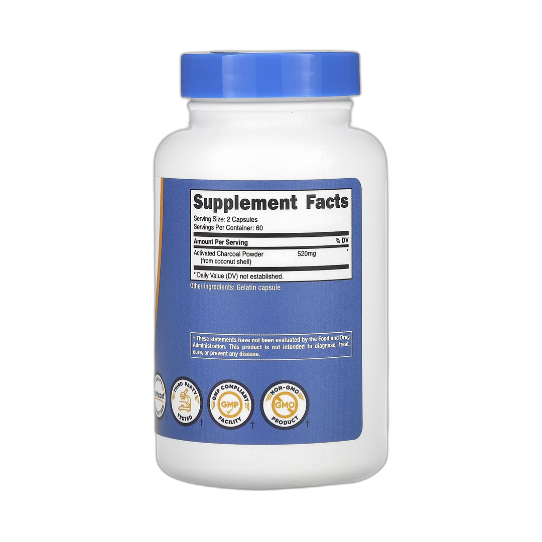Nutricost, Activated Charcoal, 120 Capsules back packaging view