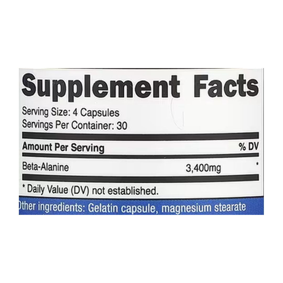 Nutricost, Beta-Alanine, 120 Capsules supplement facts label showing ingredients, vitamins, minerals, and serving information