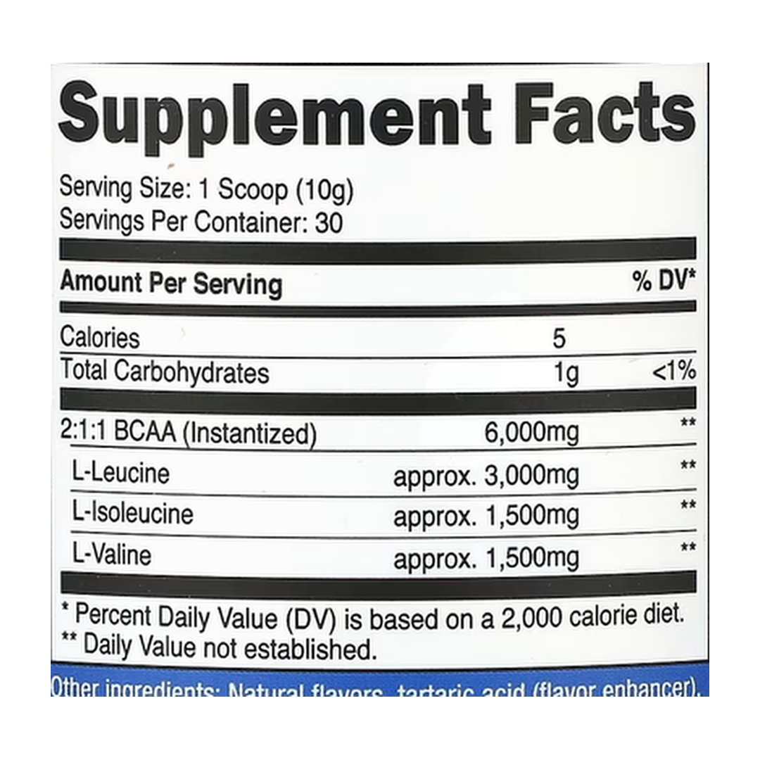 Nutricost, Performance, BCAA, Grape, 10.6 oz, 300 g supplement facts label showing ingredients, vitamins, minerals, and serving information