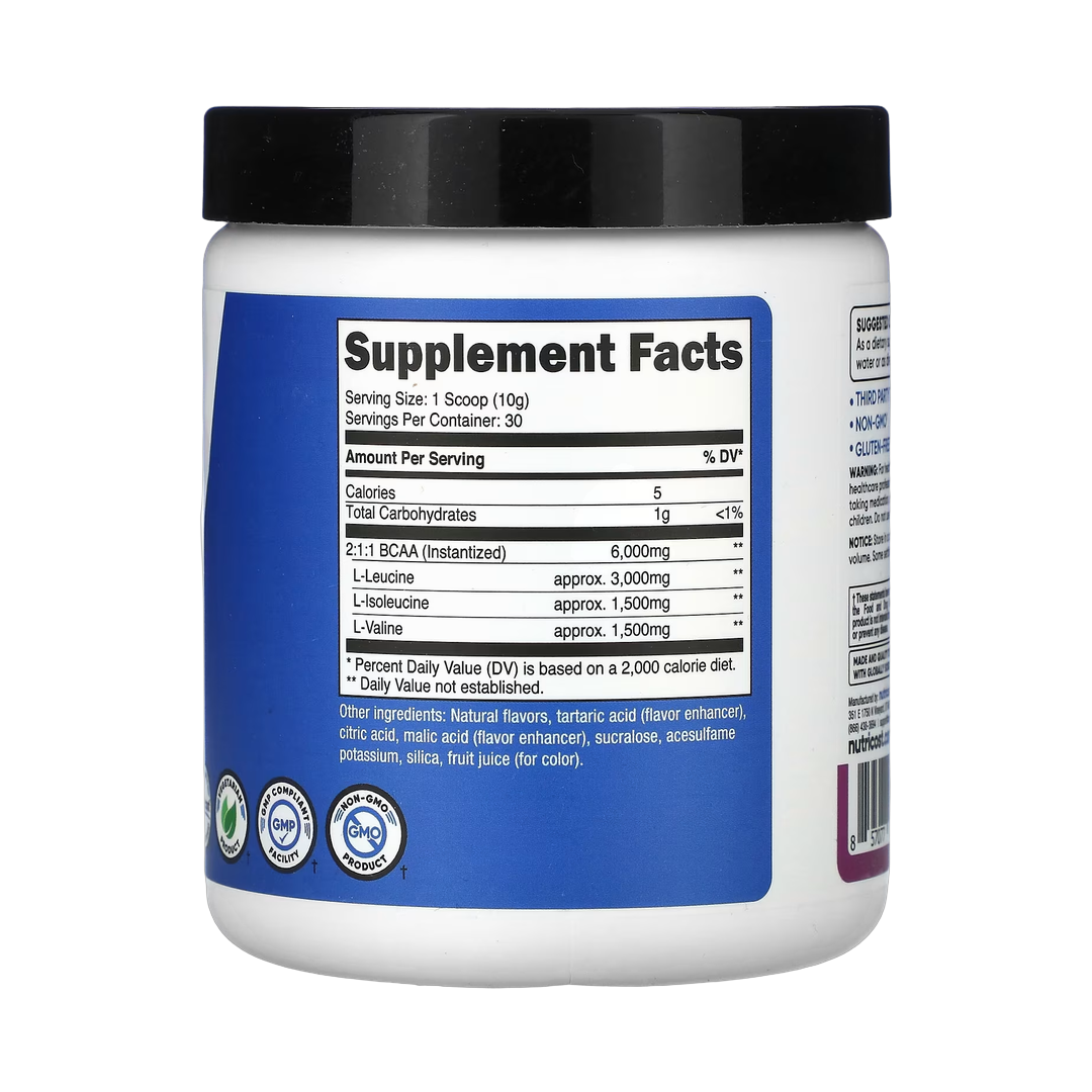 Nutricost, Performance, BCAA, Grape, 10.6 oz, 300 g back packaging view