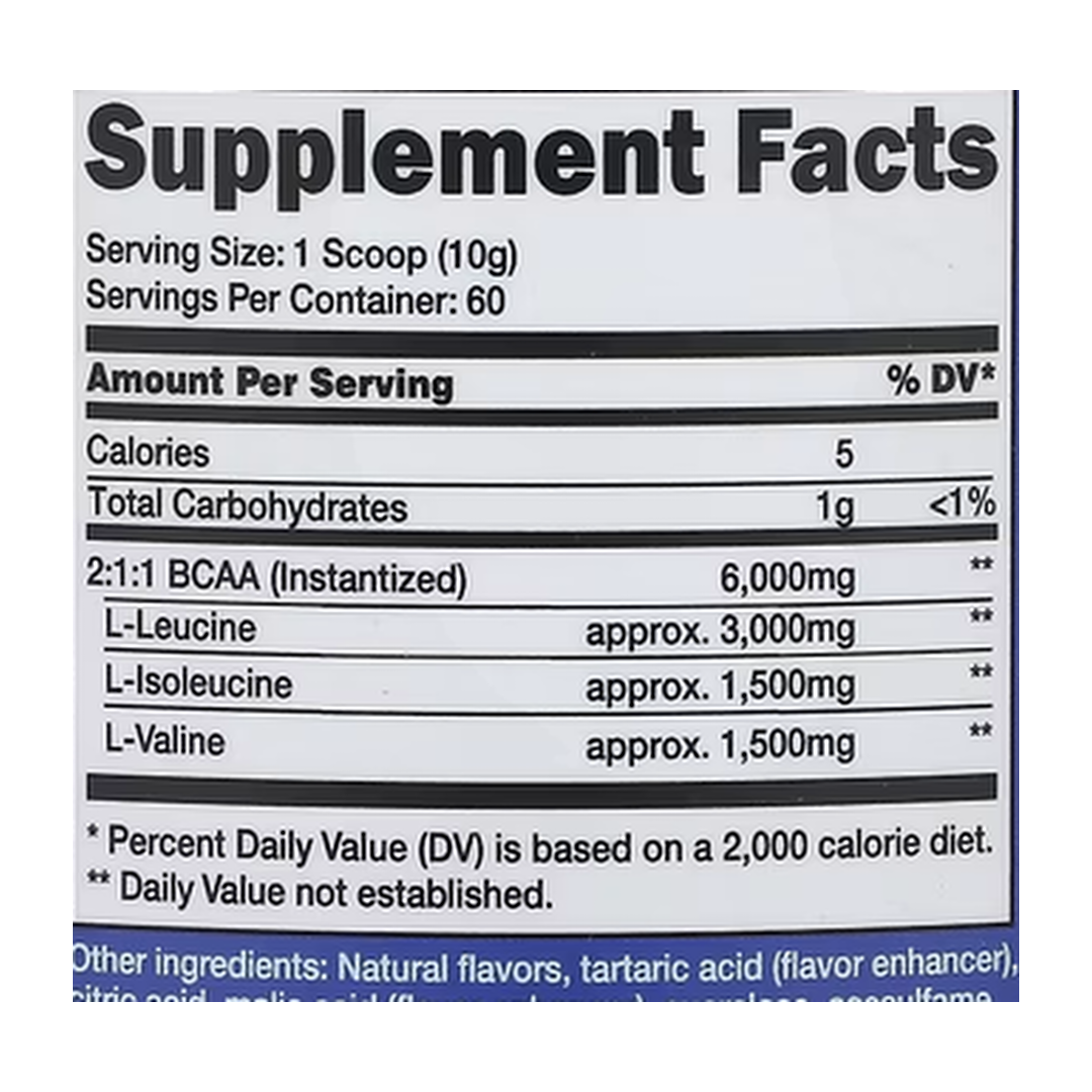 Nutricost, Performance, BCAA, Grape, 1.3 lb, 600 g supplement facts label showing ingredients, vitamins, minerals, and serving information