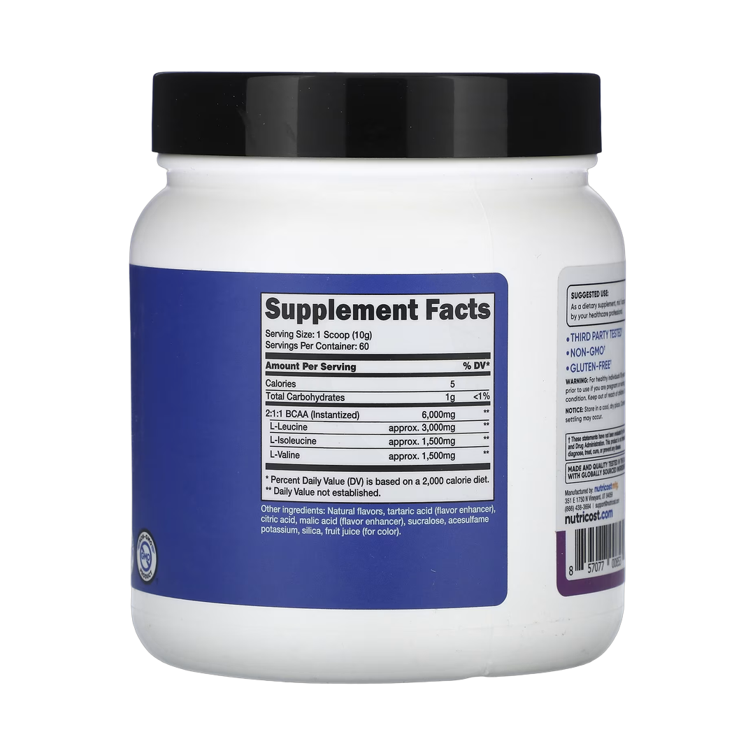 Nutricost, Performance, BCAA, Grape, 1.3 lb, 600 g back packaging view