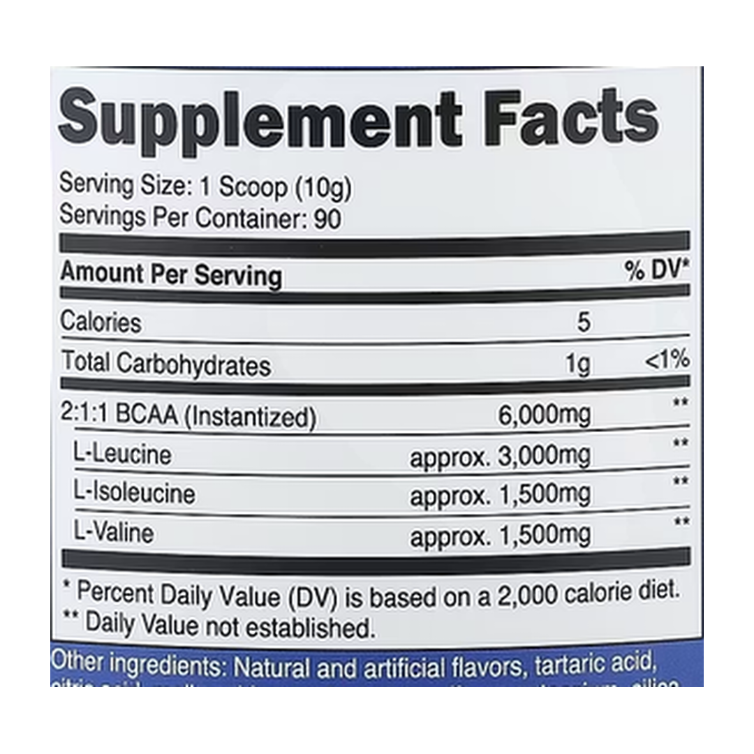 Nutricost, Performance, BCAA, Grape, 2 lb, 900 g supplement facts label showing ingredients, vitamins, minerals, and serving information