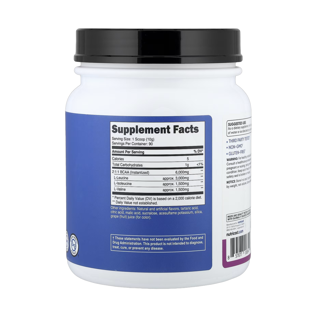 Nutricost, Performance, BCAA, Grape, 2 lb, 900 g back packaging view