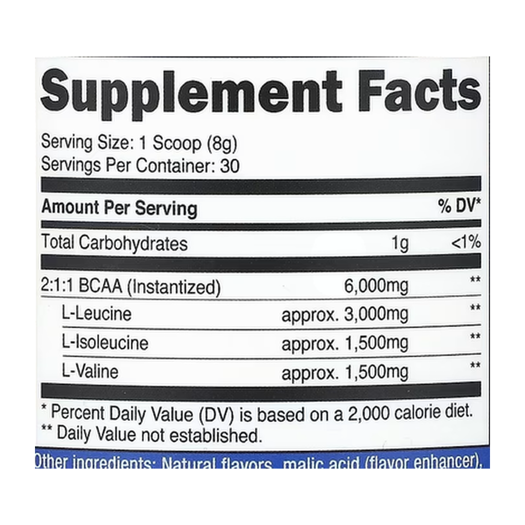 Nutricost, Performance, BCAA, Pineapple, 8.8 oz, 246 g supplement facts label showing ingredients, vitamins, minerals, and serving information