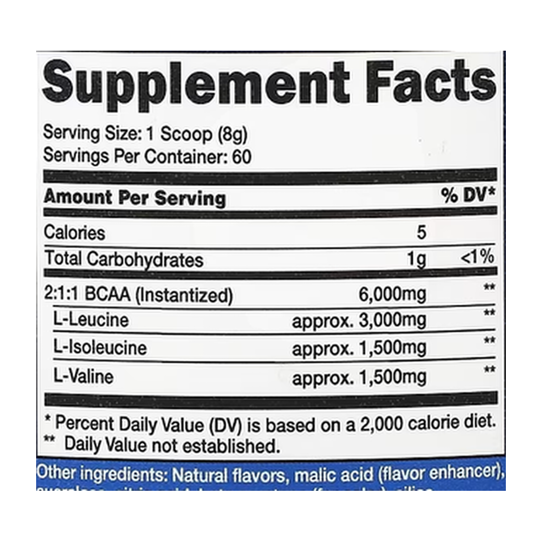 Nutricost, Performance, BCAA, Pineapple, 1.1 lb, 492 g supplement facts label showing ingredients, vitamins, minerals, and serving information